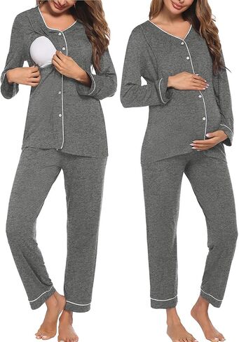 Ekouaer Maternity Pajama Set Button Down Nursing Pajamas Long Sleeve Breastfeeding Loungewear with Adjustable Pants in Kuwait