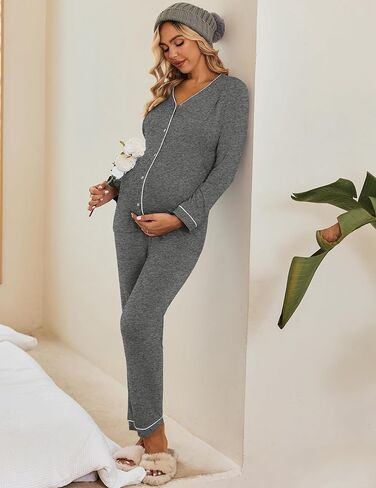 Ekouaer Maternity Pajama Set Button Down Nursing Pajamas Long Sleeve Breastfeeding Loungewear with Adjustable Pants in Kuwait
