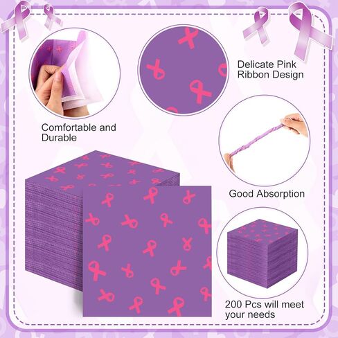 TaoBary 200 Pack Breast Cancer Awareness Decorations Paper Napkins Pink Ribbon Disposable Party Napkin for Breast Cancer Survivor Tableware Decorations Party Supplies(Pink) in Saudi Arabia