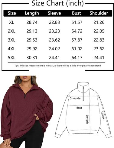 Chulianyouhuo Women Plus Size Oversized Sweatshirt Ribbed Corduroy Half Zip Pullover Tops Casual Long Sleeve Hoodies Clothes in Kuwait