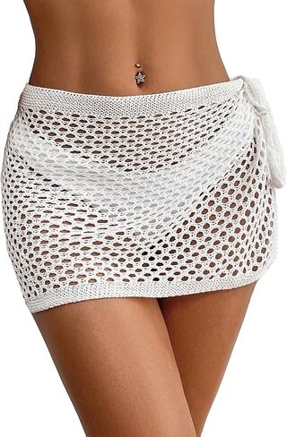 SHENHE Women's Crochet Coverups Hollow Out Tie Side See Through Boho Mini Skirt in Saudi Arabia