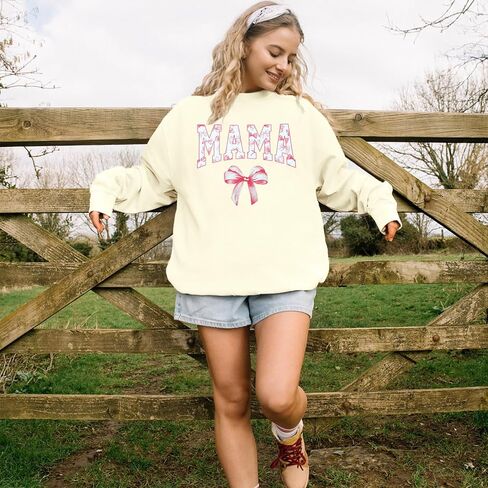 Mama Sweatshirt Coquette Sweater Women Bow Sweatshirt Pink Ribbon Sweatshirts Cute Crewneck Long Sleeve Top in Saudi Arabia