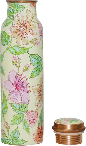 Copper Ayurveda Copper Water Bottle for Drinking – Travel Water Bottle for Gym, Yoga, Office, Hiking, Outdoor – with Lid (Yellw Pink floral) (Yellow pink floral) in Saudi Arabia