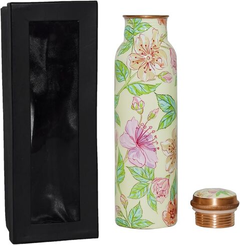 Copper Ayurveda Copper Water Bottle for Drinking – Travel Water Bottle for Gym, Yoga, Office, Hiking, Outdoor – with Lid (Yellw Pink floral) (Yellow pink floral) in Saudi Arabia