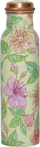 Copper Ayurveda Copper Water Bottle for Drinking – Travel Water Bottle for Gym, Yoga, Office, Hiking, Outdoor – with Lid (Yellw Pink floral) (Yellow pink floral) in Saudi Arabia