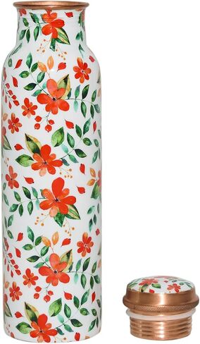 Copper Ayurveda Copper Water Bottle for Drinking – Travel Water Bottle for Gym, Yoga, Office, Hiking, Outdoor – with Lid (Yellw Pink floral) (Yellow pink floral) in Saudi Arabia