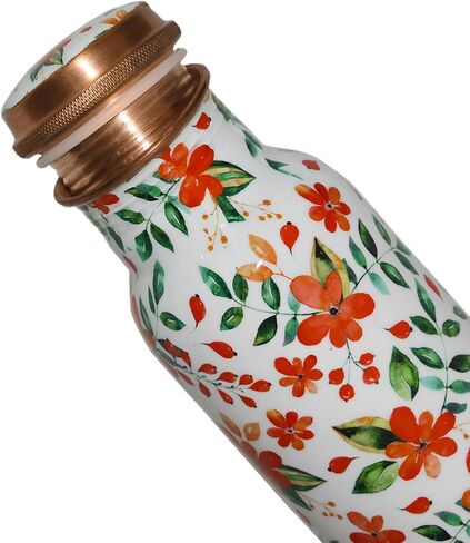 Copper Ayurveda Copper Water Bottle for Drinking – Travel Water Bottle for Gym, Yoga, Office, Hiking, Outdoor – with Lid (Yellw Pink floral) (Yellow pink floral) in Saudi Arabia