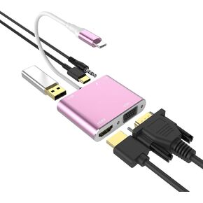 محول USB C إلى HDMI VGA، موزع 5 في 1 USB 3.0 OTG منفذ طاقة PD متوافق مع MacBook Pro وSurface go وSamsung Galaxy S8/S9 والمزيد