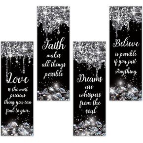 4pcs Christian Wall Decor, Glitter Diamond Wall Art For Home, Black And Silver Wooden Decorations, Love Faith Dreams Believe Wood Hanging Sign For Girls Room Bedroom Farmhouse Bathroom Home Decor, 13