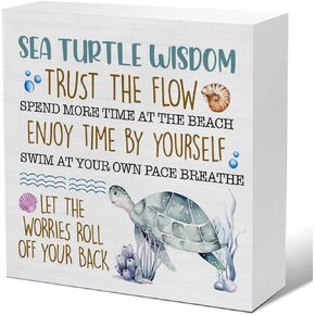 Beach Decor Sea Turtle Gifts for Men Women Friends Sea Turtle Wisdom Wood Sign Summer Home Bathroom Decorations for Desk Table Shelf 5 X 5 Inches
