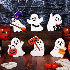 Yerliker 6 Pcs Cute Ghost Halloween Decorations Indoor, Spooky Decorations, Wooden Tiered Tray Decor Table Sign Black Cat, Bat, Witch Broom Signs, Pumpkin Blocks for Party Home Shelf Display
