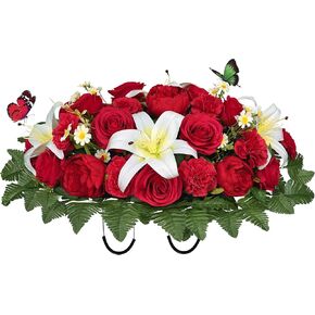 Artificial Cemetery Flower Saddle for Grave Decor, Headstone Flower Saddle of Silk Lily Rose Carnation Hibiscus Daisy， Memorial Bouquet,Easy Fit and Colorfast，Red-White