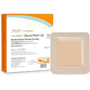 Bordered Silver Silicone Ag Sterile Highly Absorbent Antibacterial Dressing, 4"x 4" (2.5"x 2.5" Pad), 10 Pack