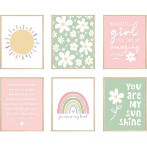 FSZSEES Girls Room Wall Art Prints Set of 6 Nursery Wall Decor Boho Sun Rainbow Canvas Prints You Are Loved Little One Children Bedroom Poster 8x10 Inch, Unframed