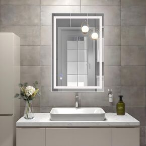 16''x24''Small Bathroom Mirror with Lights,Front Lighted Bathroom Mirror for Wall,Stepless Dimmable,Anti-Fog,Modern LED Vanity Mirror,Memory