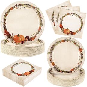 Homlouue 200PCS Fall Plates and Napkins, Thanksgiving Plates Disposable, Watercolor Wreath Paper Plates for Fall Harvest Thanksgiving Party Decor Dinner, Fall Paper Plates and Napkins Serve 50 Guest