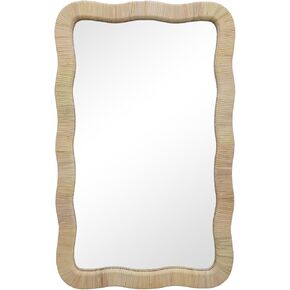 PARISLOFT Rattan Wall Mirror, Irregular Wave Mirror, Decorative Wall Mirror for Living Room, Bedroom, Bathroom, 23.6" W x 1.4" D x 37.8" H