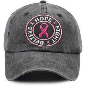 Believe Hope and Fight Hat for Women, Adjustable Cotton Embroidered Pink Ribbon Breast Cancer Baseball Cap