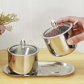Stainless Steel Sugar Bowl Set, Cream Jug and Sugar Bowl with Glass Lid Spoon and Tray Seasoning Box Round Condiment Pots Sugar Container Seasoning Jar Kitchen Spice Container Canister (Silver)