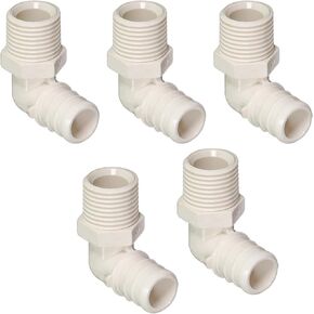 QQNM3434-5 Plastic Poly Alloy 90 Degree Elbow PEX x MPT Barb Pipe Fitting 3/4'' x 3/4'' White (5 Pack)