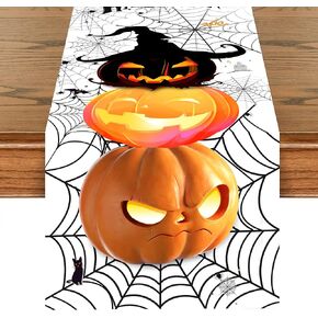 Halloween Pumpkin Spider Web Table Runner Kitchen Decorations 13x72 Inch （Black）