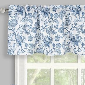 Curtain Valances for Windows for Kitchen Living Room Bathroom Vintage Floral Printed Short Curtains Rod Pocket 52" x 18" Blue