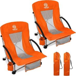 Colorsoul Portable Low Beach Chairs 2 Pack,Folding Backpacking Low Seat Chairs for Adults with Mesh Back,Cup Holder,Storage Bag,Heavy Duty Chair for Outdoor Sand,Travel,Picnic-Supports 300lbs,Blue