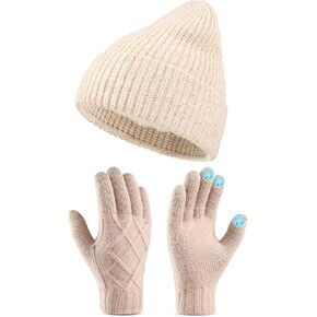 Winter Gloves Beanie Hat Set: Knit Fleece Lined Soft Skull Cap Touchscreen Gloves for Women