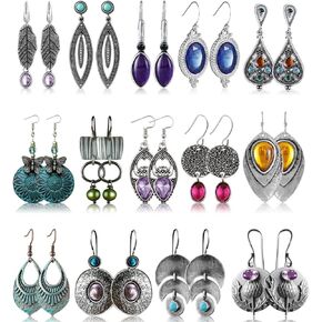 12 Pairs Vintage Western Statement Druse Crystal Turquoise Drop Dangle Earrings for Women Cubic Zirconia Huggie Hoop Earring Jewelry Set Christmas Gifts
