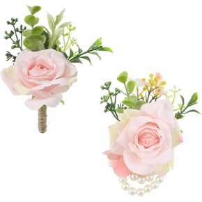 Meldel Wrist Corsage and Boutonniere Set for Wedding, Set of 2, Rose Wrist Flower Wristlet Bracelet for Bride Bridesmaid, Groom Best Man Boutonniere Wedding Flowers Accessories Prom Ceremony Party