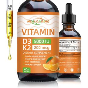 Vitamin D3 K2 Drops, Organic Plant D3 + K2, Vitamin D Liquid 5000 IU, K2 200 mcg Liquid K2 D3 Vitamin Supplements for High Absorption, Healthy Bones and Immune Support