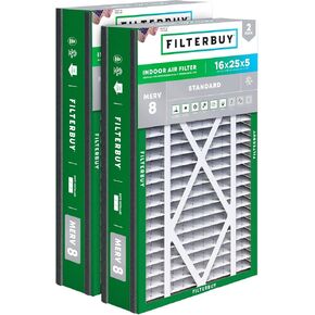 Filterbuy 16x25x5 Air Filter MERV 8 Dust Defense (2-Pack), Pleated HVAC AC Furnace Air Filters Replacement for Trion Air Bear 255649-105 and More (Actual Size: 15.63 x 24.13 x 4.88 Inches)