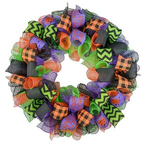 Halloween Wreath for Front Door, Halloween Front Door Wreaths, Jack O Lantern Decorations, Purple Orange Black Deco Mesh Outdoor Front Door Porch Decor - Lime Green