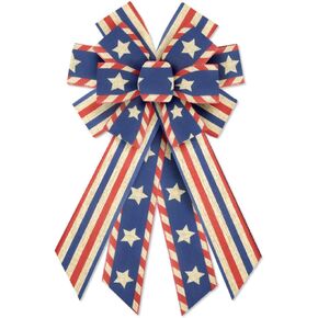 Large Patriotic 4th of July Bow for Wreath, Burlap Patriotic Wreath Bow for 4th of July Décor Red White Blue Patriotic Bow for Front Door Indoor Outdoor Wall Tree Topper Decoration Supplies Ornament