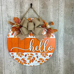 Hello Maple Leaves Wall Sign Decorations - Vibrant Fall Theme - Perfect Thanksgiving Door Decor - Wooden Door Hanger Wreath with Bow - Ideal Home Party Supplies (A)