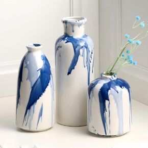 Set of 3 Blue and White Vase Decorative Ink Splash Creative Ceramic Vase Farmhouse Flower Decor Vase for Centerpieces Living Room Home Flowers Kitchen Dining Table Mantel Shelf Gift Bedroom