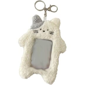 قطعة واحدة من حامل بطاقات الصور القطيفة الكرتونية البيضاء مع قلادة سلسلة المفاتيح Kawaii Cat لطيف على شكل بطاقة الطالب وحافظات الهوية متوسطة الحجم، خفيفة الوزن وقابلة للحمل وحافظات بطاقات نسائية
