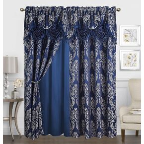 Sapphire Home Jacquard Curtain Drape Set - 2 Panels w/Attached Valance, Matching Tassels, and Sheer Backing -Elegant Damask Window Collection Perfect for Bedroom and Living Room (Navy/Dark Blue, 84")