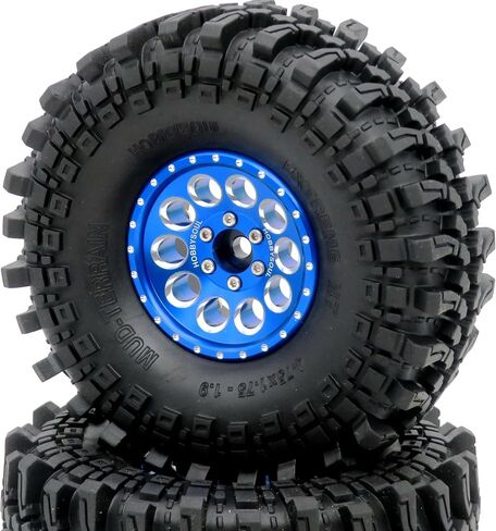HOBBYSOUL 4pcs RC 1.9 Mud-Terrain Tires Mounted on 1.9 Beadlock Wheels Blue, 1.9 XL Tires 4.75" (121mm) and 1.9 Wheels Fit RC Crawler Redcat Gen8 Traxxas TRX-4 RC4WD D90 Tamiay CC01 Axial SCX10 in Saudi Arabia