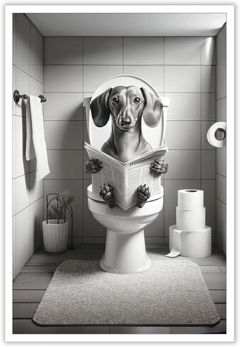 ADRHGCY ملصقات Dachshund مضحكة لمتجر الحيوانات الأليفة جدار الفن الحيوان في المرحاض يجلس على المرحاض وقراءة الصحف يطبع اللوحة للحمام غرفة نوم المنزل ديكور جدار 12x16in غير مؤطرة in Saudi Arabia