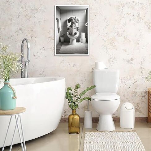 ADRHGCY ملصقات Dachshund مضحكة لمتجر الحيوانات الأليفة جدار الفن الحيوان في المرحاض يجلس على المرحاض وقراءة الصحف يطبع اللوحة للحمام غرفة نوم المنزل ديكور جدار 12x16in غير مؤطرة in Saudi Arabia