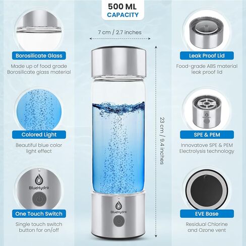زجاجة مياه هيدروجين BlueHydro™ سعة 500 مل مع أنبوب استنشاق الهيدروجين | تحسين المياه في 3 دقائق | مولد مياه الهيدروجين SPE & PEM | آلة ماء الهيدروجين للشرب في المنزل والمكتب والسفر in Saudi Arabia