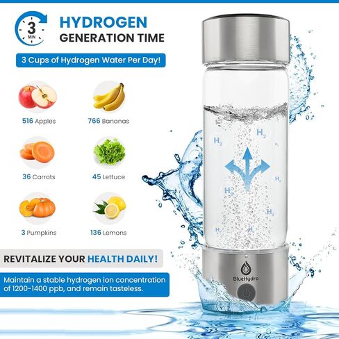 زجاجة مياه هيدروجين BlueHydro™ سعة 500 مل مع أنبوب استنشاق الهيدروجين | تحسين المياه في 3 دقائق | مولد مياه الهيدروجين SPE & PEM | آلة ماء الهيدروجين للشرب في المنزل والمكتب والسفر in Saudi Arabia