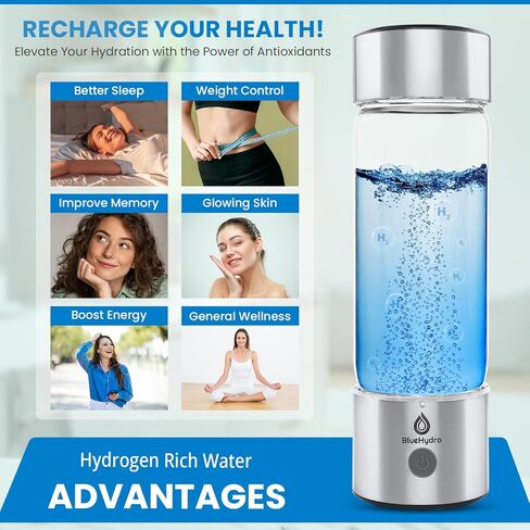 زجاجة مياه هيدروجين BlueHydro™ سعة 500 مل مع أنبوب استنشاق الهيدروجين | تحسين المياه في 3 دقائق | مولد مياه الهيدروجين SPE & PEM | آلة ماء الهيدروجين للشرب في المنزل والمكتب والسفر in Saudi Arabia