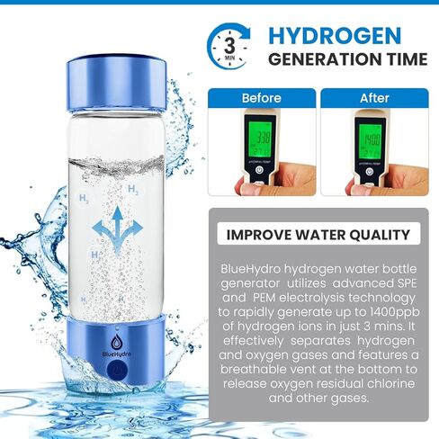زجاجة مياه هيدروجين BlueHydro™ سعة 500 مل مع أنبوب استنشاق الهيدروجين | تحسين المياه في 3 دقائق | مولد مياه الهيدروجين SPE & PEM | آلة ماء الهيدروجين للشرب في المنزل والمكتب والسفر in Saudi Arabia
