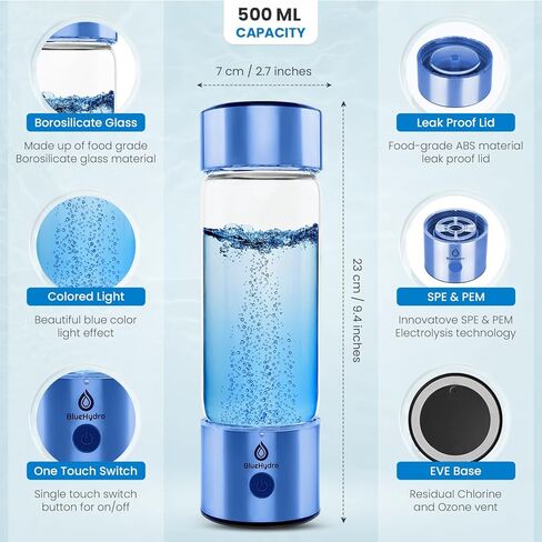 زجاجة مياه هيدروجين BlueHydro™ سعة 500 مل مع أنبوب استنشاق الهيدروجين | تحسين المياه في 3 دقائق | مولد مياه الهيدروجين SPE & PEM | آلة ماء الهيدروجين للشرب في المنزل والمكتب والسفر in Saudi Arabia
