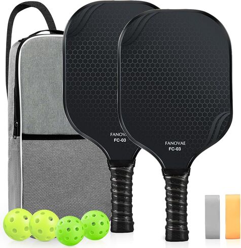 Carbon Fiber Pickleball Paddles Set of 2, Carbon Fiber Surface (CFS), Polypropylene Honeycomb Core, Anti-Slip Sweat-Absorbing Grip, 4 Pickleballs, Portable Carry Bag, 2 Grip Tapes, Black in Saudi Arabia