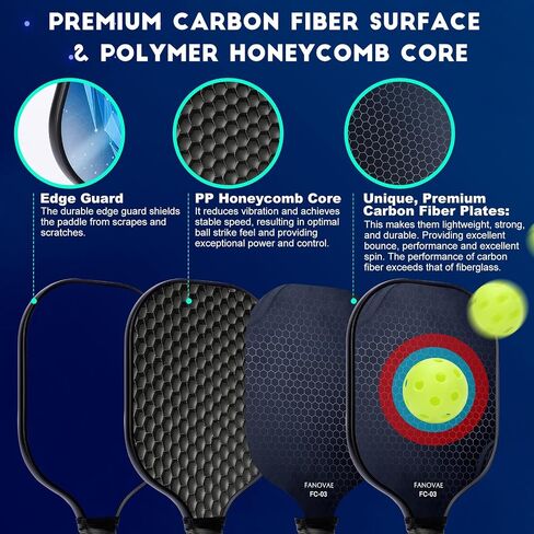 Carbon Fiber Pickleball Paddles Set of 2, Carbon Fiber Surface (CFS), Polypropylene Honeycomb Core, Anti-Slip Sweat-Absorbing Grip, 4 Pickleballs, Portable Carry Bag, 2 Grip Tapes, Black in Saudi Arabia