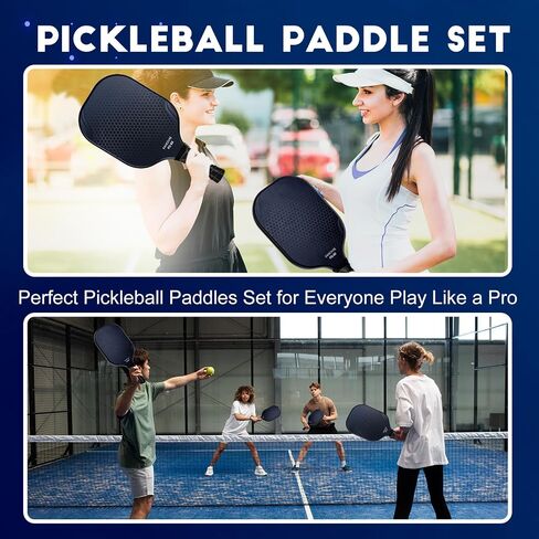 Carbon Fiber Pickleball Paddles Set of 2, Carbon Fiber Surface (CFS), Polypropylene Honeycomb Core, Anti-Slip Sweat-Absorbing Grip, 4 Pickleballs, Portable Carry Bag, 2 Grip Tapes, Black in Saudi Arabia