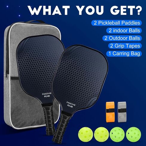 Carbon Fiber Pickleball Paddles Set of 2, Carbon Fiber Surface (CFS), Polypropylene Honeycomb Core, Anti-Slip Sweat-Absorbing Grip, 4 Pickleballs, Portable Carry Bag, 2 Grip Tapes, Black in Saudi Arabia